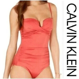 CALVIN KLEIN Removable Straps Coral Shimmer Tummy Control Swimsuit Size 12 NWOT